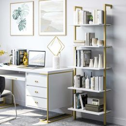 White Bookshelf; 5-Tier Wall Mounted Trapezoidal Bookshelf with Gold Frame