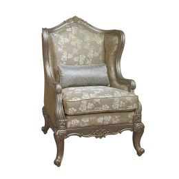 32 Inch Accent Chair; Wingback; Taupe Fabric; Faux Silk Flowers; Gold