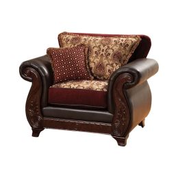 48 Inch Modern Accent Chair; Jacquard; Vegan Faux Leather; Burgundy; Brown