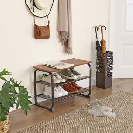 Industrial 3 Tier Wood Top Shoe Rack with Metal Base; Black and Brown; DunaWest