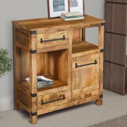 Wooden Cabinet with 2 Spacious Drawers and 2 Open Shelves; Brown and Black