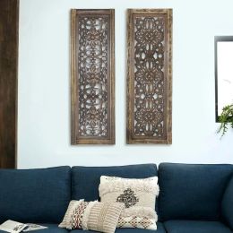 Floral Hand Carved Wooden Wall Panels; Assortment of Two; Brown