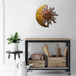 Celestial Sun and Moon Wall Decor In Metal; Gold and Rust Brown