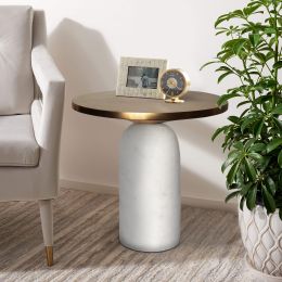 17 Inch Round Brass Modern Accent End Table with Cylindrical Marble Base; Brass; White; DunaWest