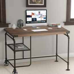 Industrial Metal Writing Desk With Wooden Top; Brown and Black; DunaWest