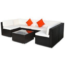 7 pcs Patio Rattan Furniture Set Sectional Sofa Cushioned