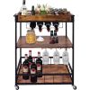 Bar Serving Cart 3-Tier Rustic Mobile Kitchen Serving cart; Movable Tray Industrial Vintage Style Wood Metal Serving Trolley Wine Bar Cart with Wheels