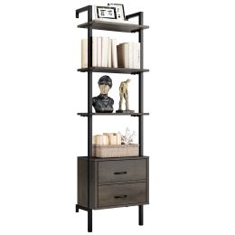 Industrial Bookshelf with Drawers; 4 Shelf Wall Mounted Ladder Bookcase with Storage; Dark Brown Finish