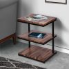 Industrial End Table with 3 Tier Wooden Shelves and Metal Frame; Brown and Black; DunaWest