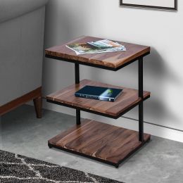 Industrial End Table with 3 Tier Wooden Shelves and Metal Frame; Brown and Black; DunaWest