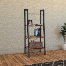 Four Tiered Rustic Wooden Ladder Shelf with Iron Framework; Brown and Black; DunaWest