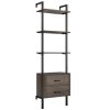 Industrial Bookshelf with Drawers; 4 Shelf Wall Mounted Ladder Bookcase with Storage; Dark Brown Finish