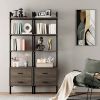 Industrial Bookshelf with Drawers; 4 Shelf Wall Mounted Ladder Bookcase with Storage; Dark Brown Finish