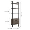 Industrial Bookshelf with Drawers; 4 Shelf Wall Mounted Ladder Bookcase with Storage; Dark Brown Finish