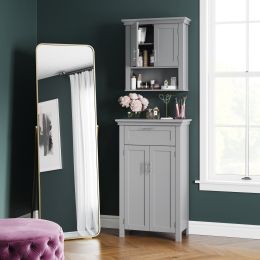 2 door bathroom storage wall cabinet with 1 open shelf and 2 interior shelves; white; gray (Color: Grey)