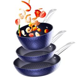 Household Frying Pan Set 3-Piece Nonstick Saucepan Woks Cookware Set (Color: Blue)