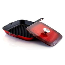 Elegant Hosehold Kitchen Square Enamel Cast Iron Grill Pan (Color: Red, Size: 11 In)