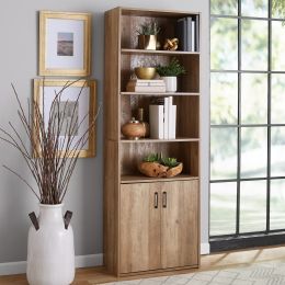 Traditional 5-Tier Bookshelf with Doors in Weathered Oak and Black (Color: Weathered Oak)