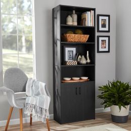 Traditional 5-Tier Bookshelf with Doors in Weathered Oak and Black (Color: Black)