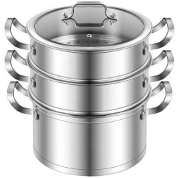 Daily Delicacies Pot 304 Stainless Steel  3-Tier Steamer Pot (Color: Silver A)