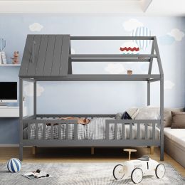 Full Size Wood House Bed with Fence (Color: Gray)