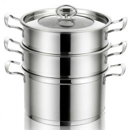 Daily Delicacies Pot 304 Stainless Steel  3-Tier Steamer Pot (Color: Silver)