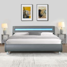 Faux Leather Upholstered Platform Bed Frame with led lighting , Curve Design, Wood Slat Support, No Box Spring Needed, Easy Assemble, Queen Size, (Color: Grey)