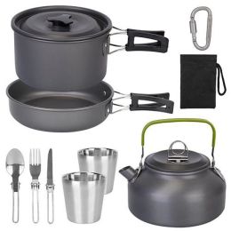 Outdoor Hiking Picnic Camping Cookware Set Picnic Stove Aluminum Pot Pans Kit (Color: Grey, Option: 12 Pcs)