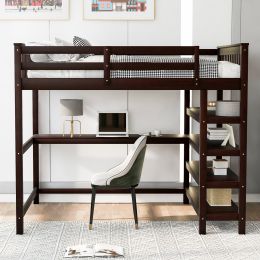 Full Size Loft Bed with Storage Shelves and Under-bed Desk (Color: Espresso)