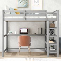 Full Size Loft Bed with Storage Shelves and Under-bed Desk (Color: Gray)