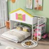 Twin over Full House Bunk Bed with Pink Staircase and Drawer;  Shelves Under the Staircase;  House Shaped Bed with Windows