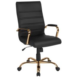 High Back Leather Soft Executive Swivel Office Chair with Frame and Armrests; Various Options (Color: Black Leathersoft/Gold Frame)