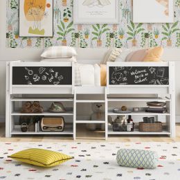 Twin Size Low Loft Bed with Two Movable Shelves and Ladder; with Decorative Guardrail Chalkboard (Color: White)