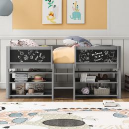 Twin Size Low Loft Bed with Two Movable Shelves and Ladder; with Decorative Guardrail Chalkboard (Color: Gray)