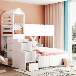 Stairway Twin Over Full Bunk Bed;  House Bed with Two Shelves and Seven Drawers (Color: White)