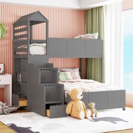 Stairway Twin Over Full Bunk Bed;  House Bed with Two Shelves and Seven Drawers (Color: Gray)