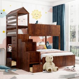 Stairway Twin Over Full Bunk Bed;  House Bed with Two Shelves and Seven Drawers (Color: Walnut)