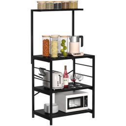 Baker's Rack Storage Shelf Microwave Cart Oven Stand Coffee Bar with Side Hooks 4 Tier Shelves (Color: Black)