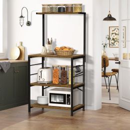 Baker's Rack Storage Shelf Microwave Cart Oven Stand Coffee Bar with Side Hooks 4 Tier Shelves (Color: Brown)