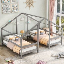 Double Twin Size Triangular House Beds with Built-in Table (Color: Gray)