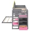 Twin over Full House Bunk Bed with Pink Staircase and Drawer;  Shelves Under the Staircase;  House Shaped Bed with Windows