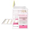 Twin over Full House Bunk Bed with Pink Staircase and Drawer;  Shelves Under the Staircase;  House Shaped Bed with Windows