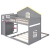 Twin over Full House Bunk Bed with Pink Staircase and Drawer;  Shelves Under the Staircase;  House Shaped Bed with Windows