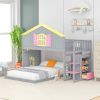 Twin over Full House Bunk Bed with Pink Staircase and Drawer;  Shelves Under the Staircase;  House Shaped Bed with Windows