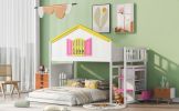 Twin over Full House Bunk Bed with Pink Staircase and Drawer;  Shelves Under the Staircase;  House Shaped Bed with Windows