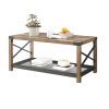 38.82" Farmhouse Coffee Table;  2-Tier Cocktail Table;  Center Table with Mesh Shelf;  Steel Frame;  Corner Protection;  Industrial Style;  Long Table