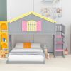 Twin over Full House Bunk Bed with Pink Staircase and Drawer;  Shelves Under the Staircase;  House Shaped Bed with Windows