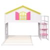 Twin over Full House Bunk Bed with Pink Staircase and Drawer;  Shelves Under the Staircase;  House Shaped Bed with Windows