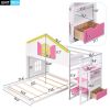 Twin over Full House Bunk Bed with Pink Staircase and Drawer;  Shelves Under the Staircase;  House Shaped Bed with Windows