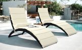 Patio Wicker Sun Lounger, PE Rattan Foldable Chaise Lounger with Removable Cushion and Bolster Pillow, Black Wicker and Beige Cushion (2 sets)